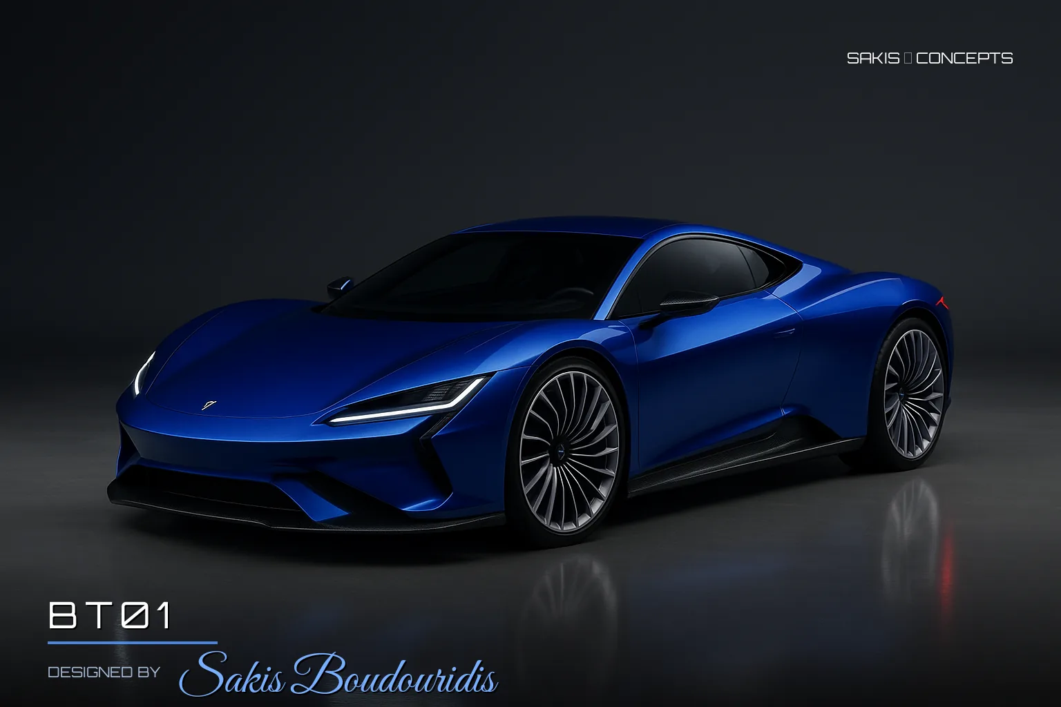 BT01 Mid-engine concept supercar in electric blue — 3/4 Front view, photorealistic concept render by Sakis Boudouridis
