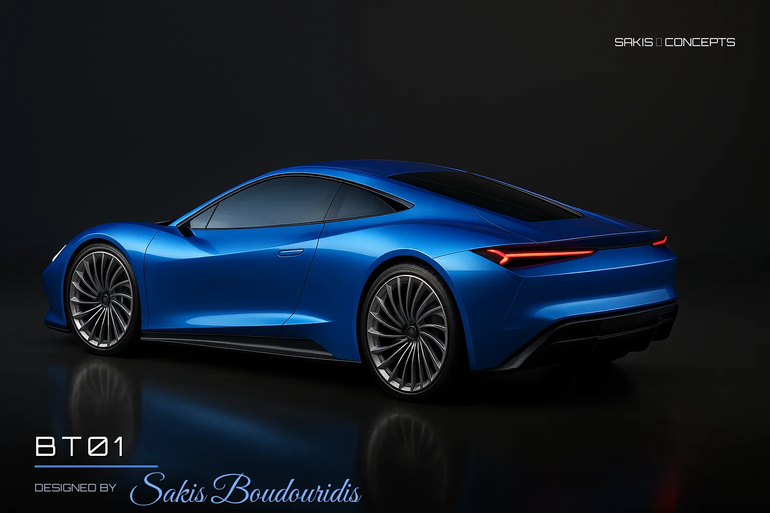 BT01 Mid-engine concept supercar in electric blue — 3/4 Rear view, photorealistic concept render by Sakis Boudouridis