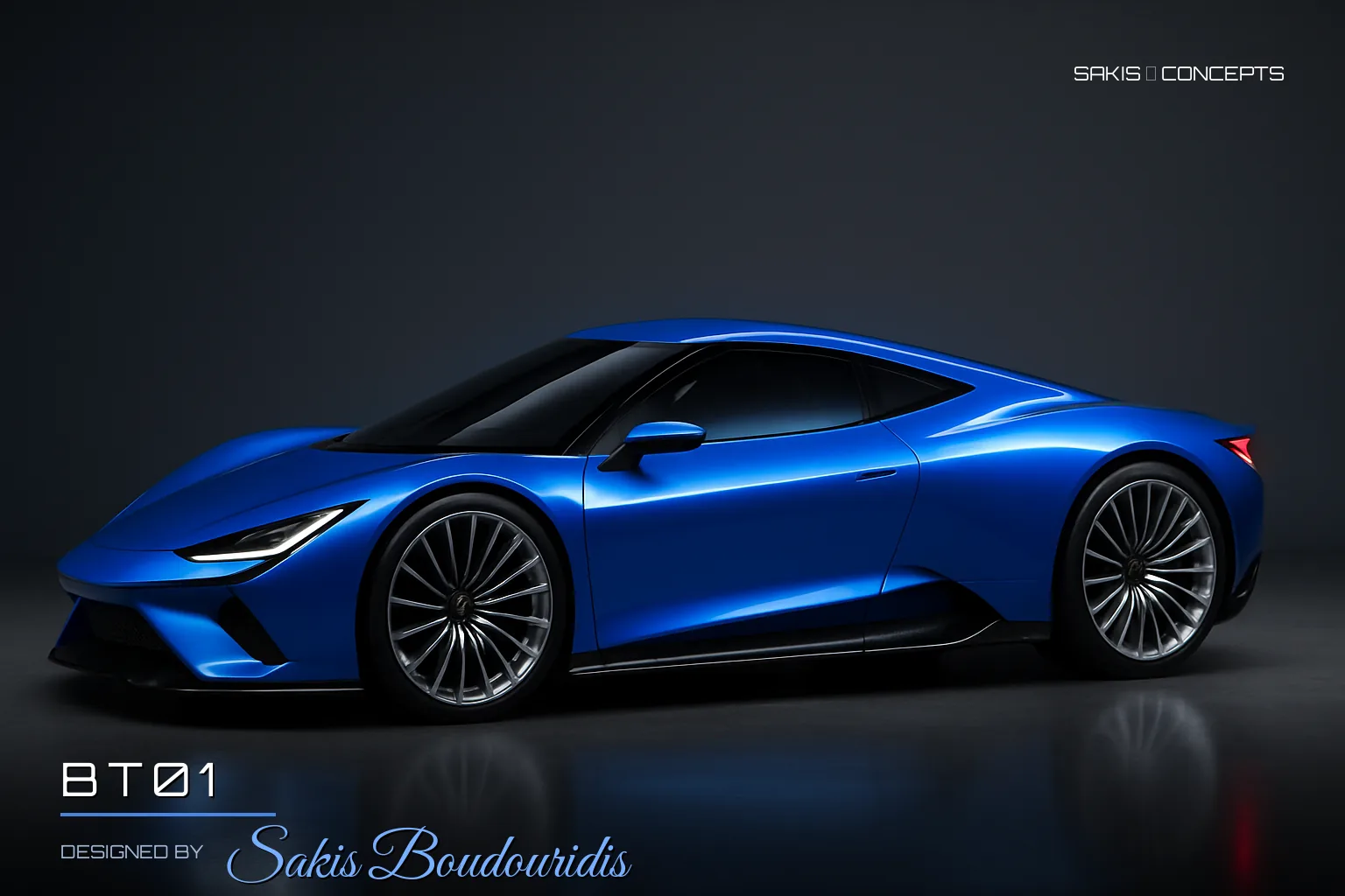 BT01 Mid-engine concept supercar in electric blue — Side view, photorealistic concept render by Sakis Boudouridis