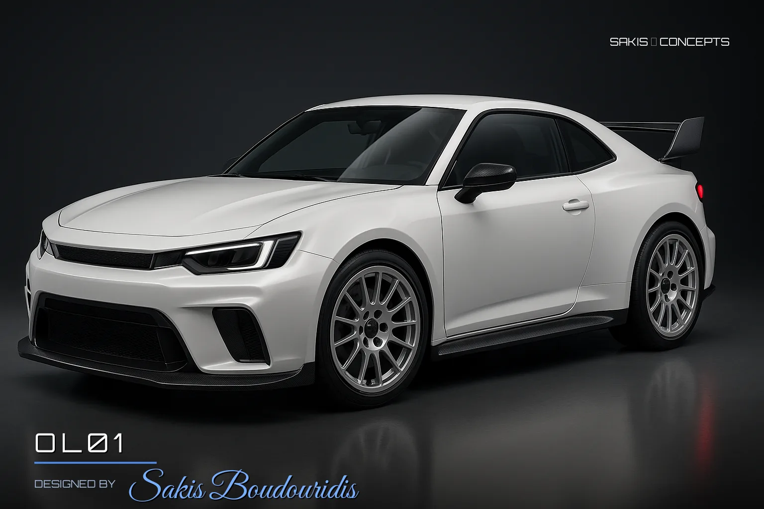 OL01 Rally-bred sports coupe in pearl white — 3/4 Front view, photorealistic concept render by Sakis Boudouridis