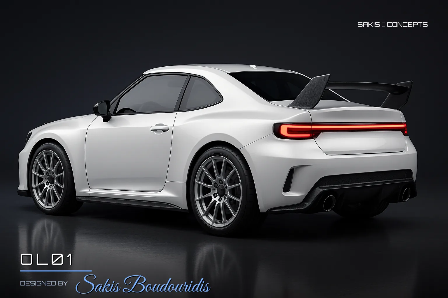 OL01 Rally-bred sports coupe in pearl white — 3/4 Rear view, photorealistic concept render by Sakis Boudouridis