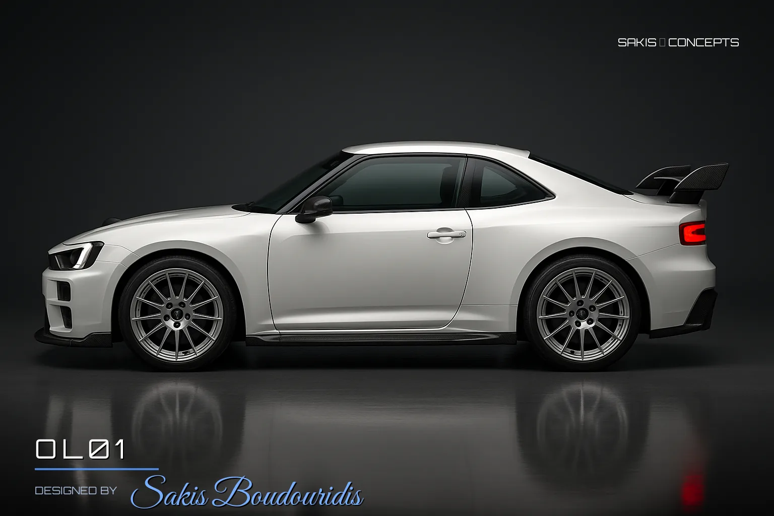 OL01 Rally-bred sports coupe in pearl white — Side view, photorealistic concept render by Sakis Boudouridis