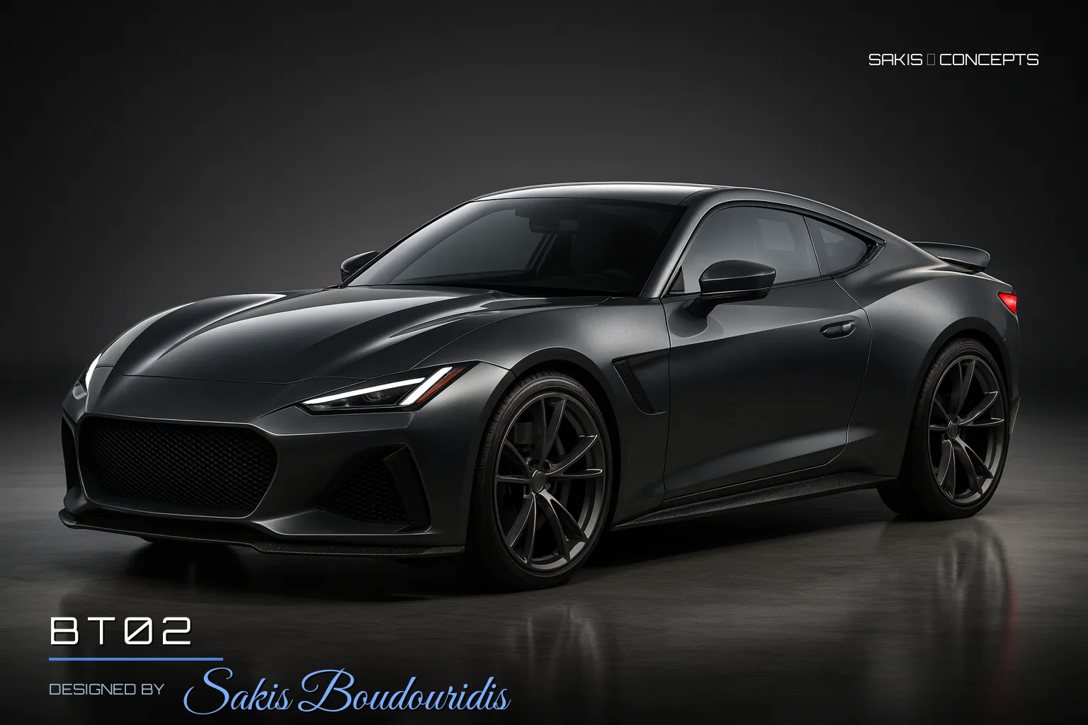 BT02 Front-engine sports coupe in gunmetal grey — 3/4 Front view, photorealistic concept render by Sakis Boudouridis