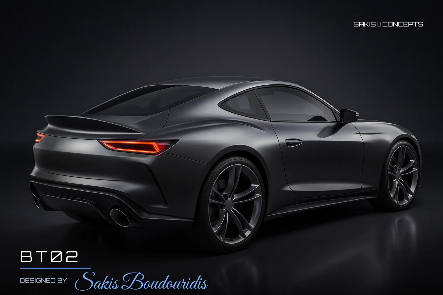 BT02 Front-engine sports coupe in gunmetal grey — 3/4 Rear view, photorealistic concept render by Sakis Boudouridis