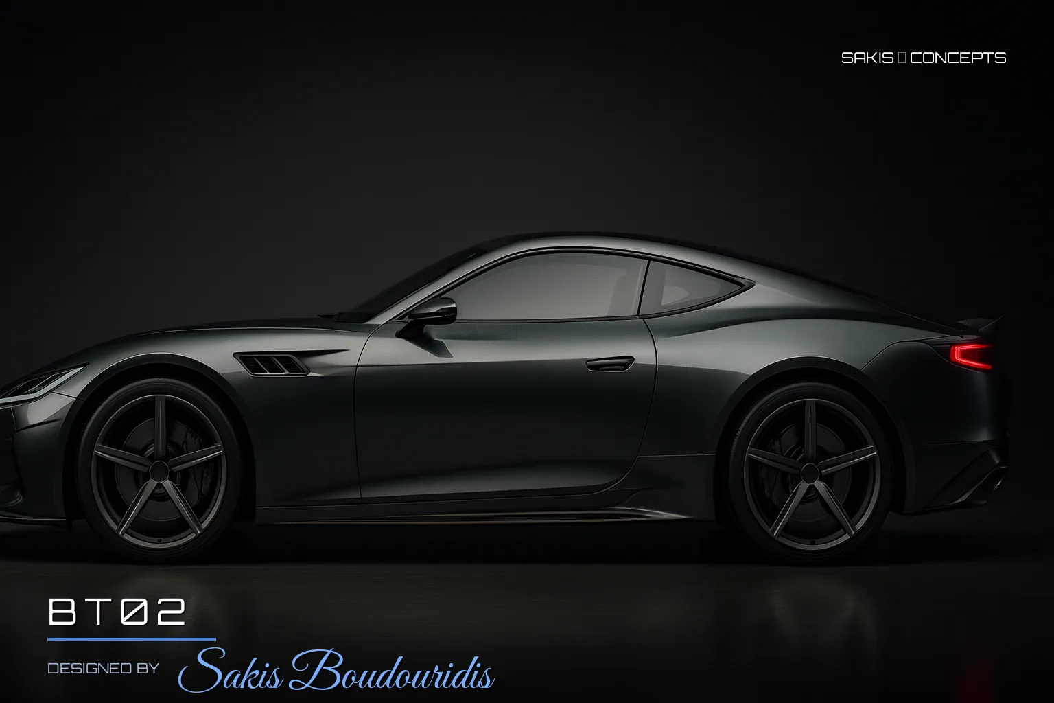 BT02 Front-engine sports coupe in gunmetal grey — Side view, photorealistic concept render by Sakis Boudouridis