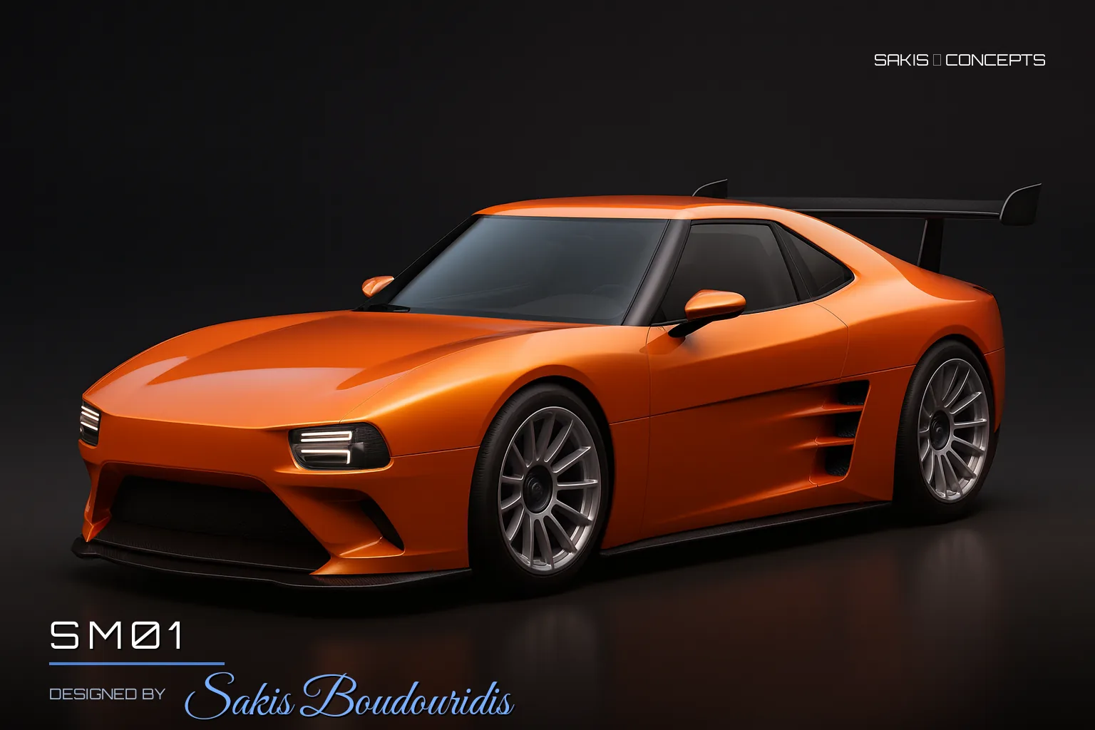 SM01 Wide-body GT coupe in glossy orange — 3/4 Front view, photorealistic concept render by Sakis Boudouridis