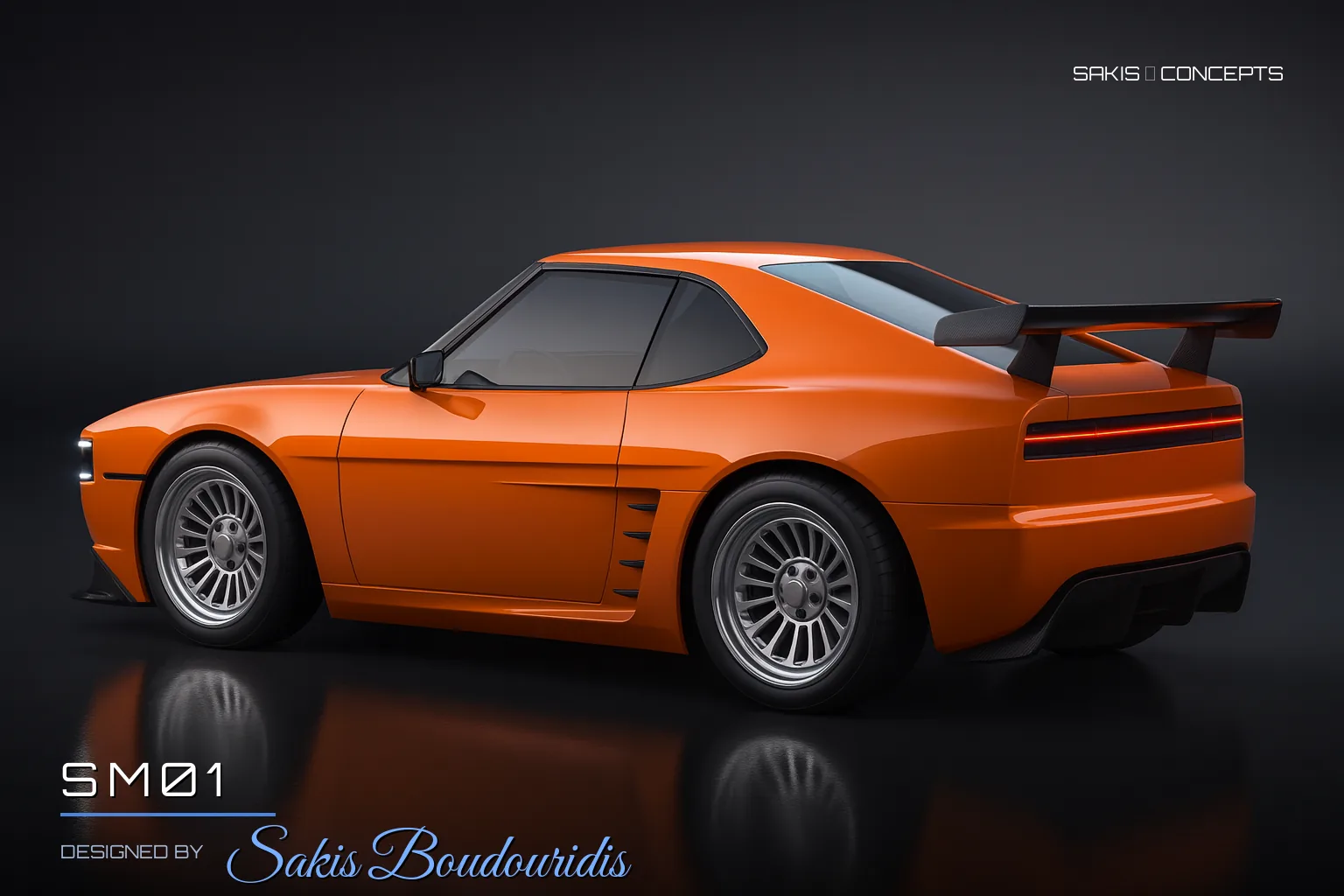 SM01 Wide-body GT coupe in glossy orange — 3/4 Rear view, photorealistic concept render by Sakis Boudouridis
