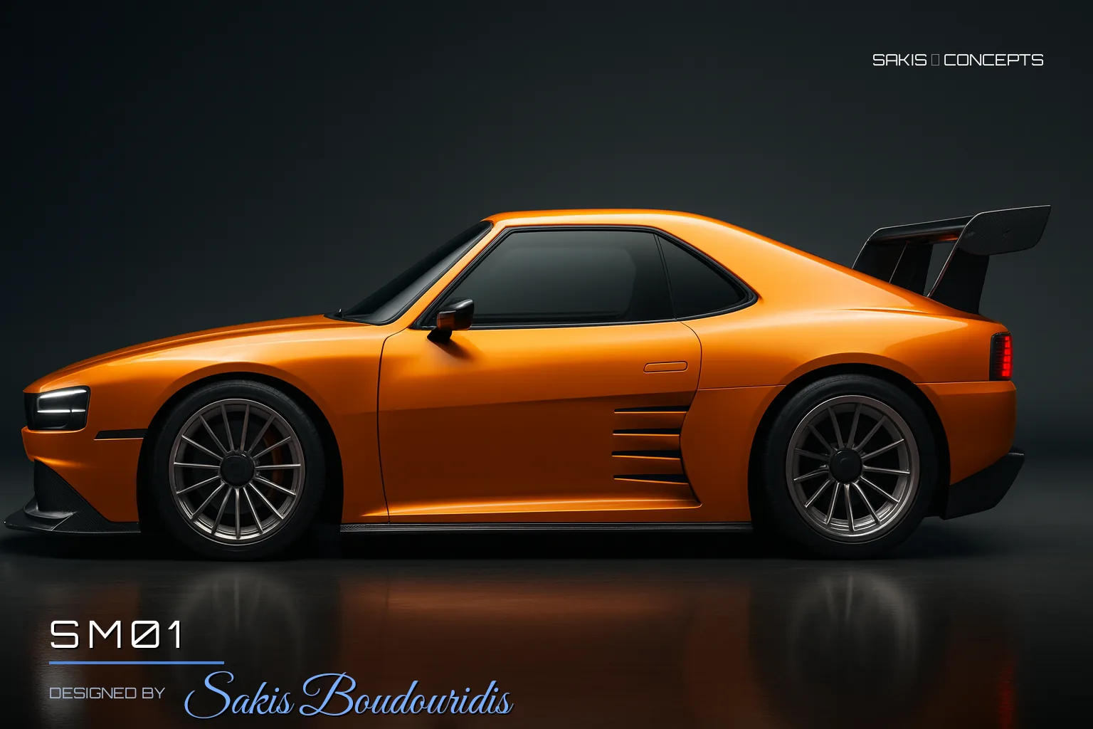 SM01 Wide-body GT coupe in glossy orange — Side view, photorealistic concept render by Sakis Boudouridis