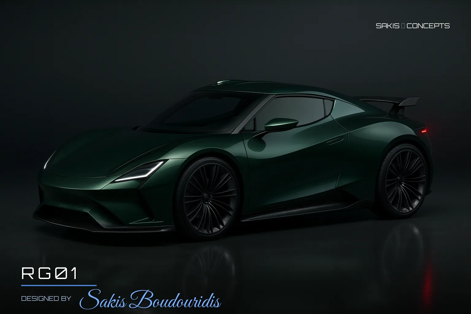 RG01 Compact mid-engine sports coupe in British racing green — 3/4 Front view, photorealistic concept render by Sakis Boudouridis