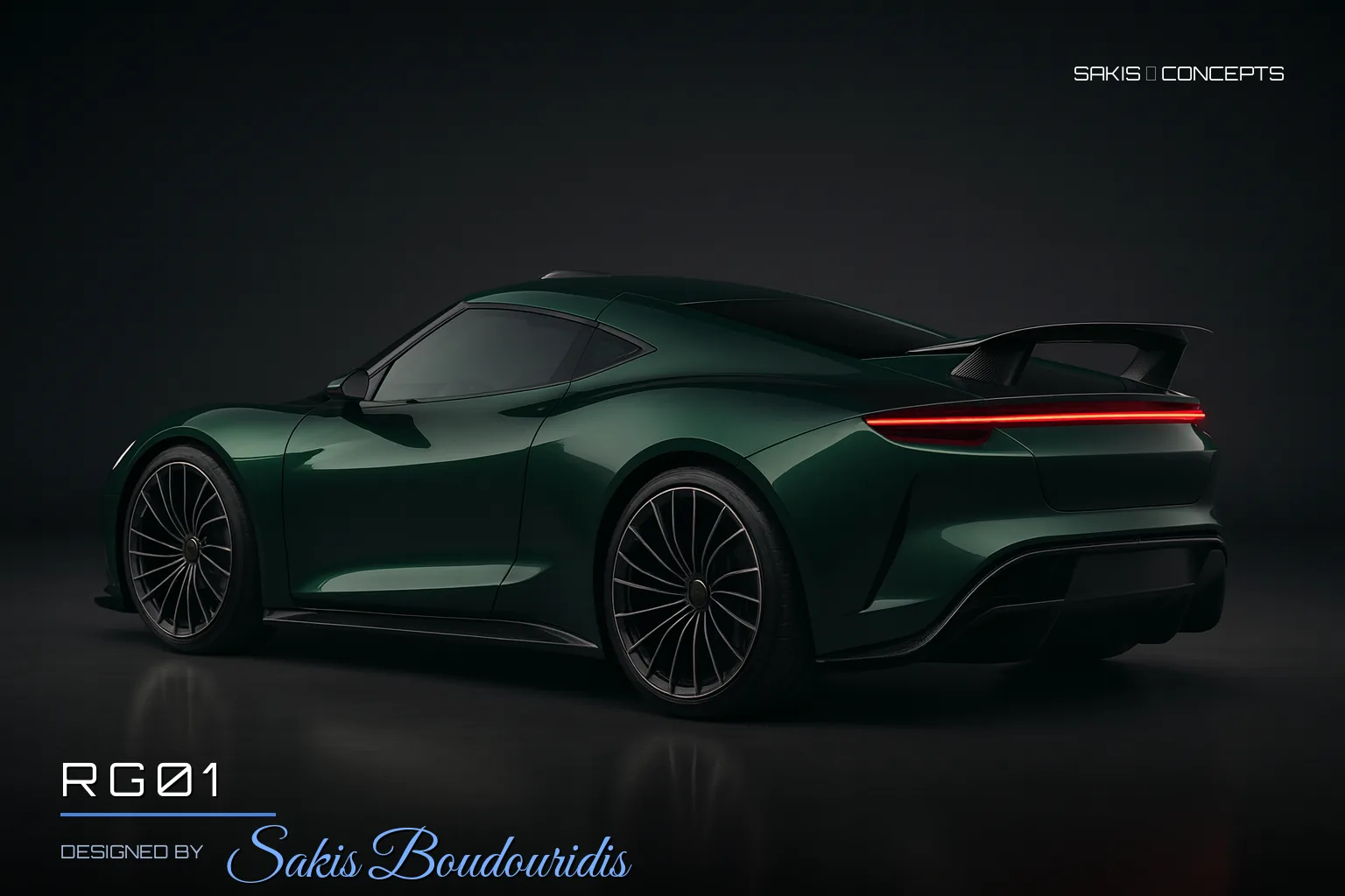 RG01 Compact mid-engine sports coupe in British racing green — 3/4 Rear view, photorealistic concept render by Sakis Boudouridis