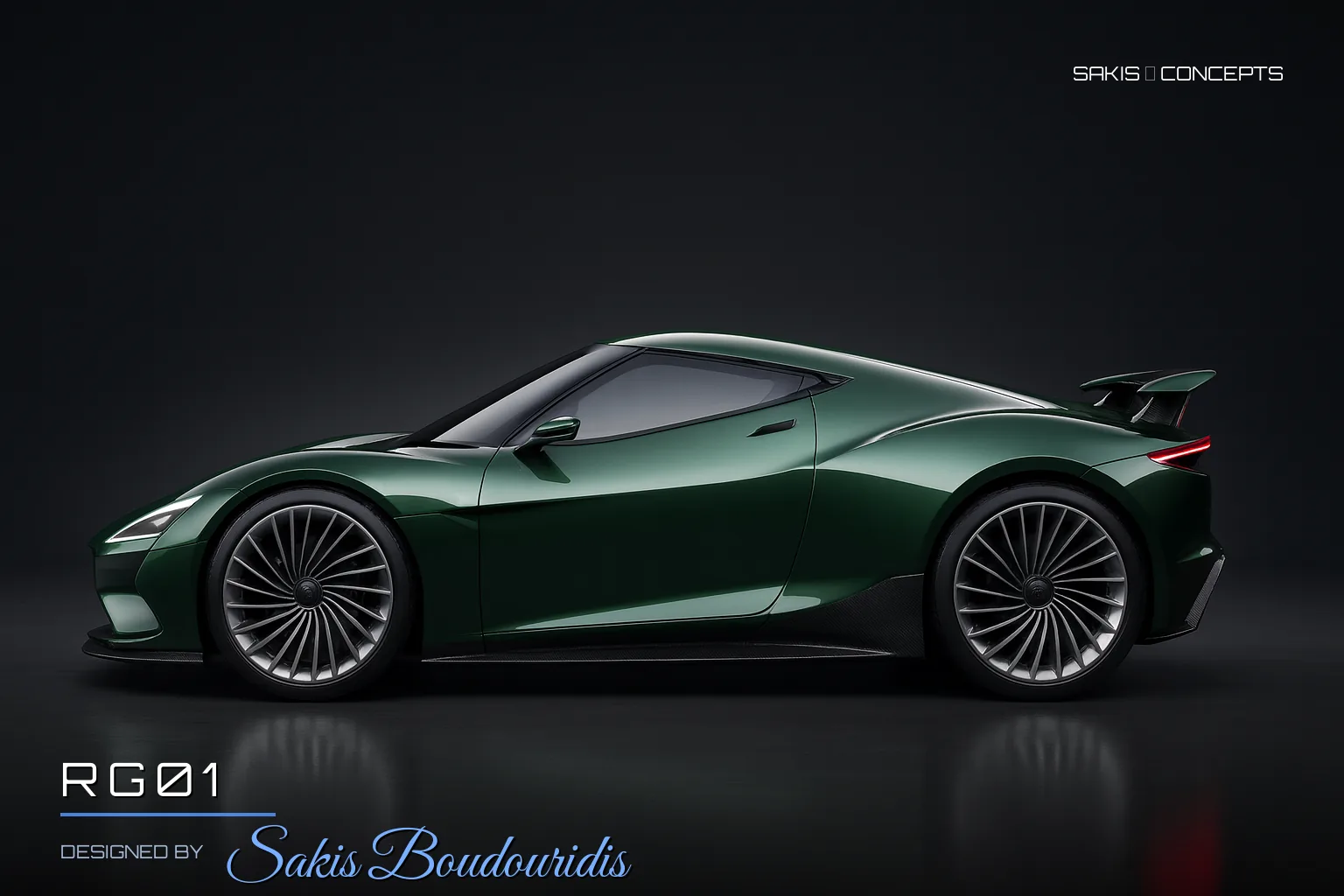 RG01 Compact mid-engine sports coupe in British racing green — Side view, photorealistic concept render by Sakis Boudouridis