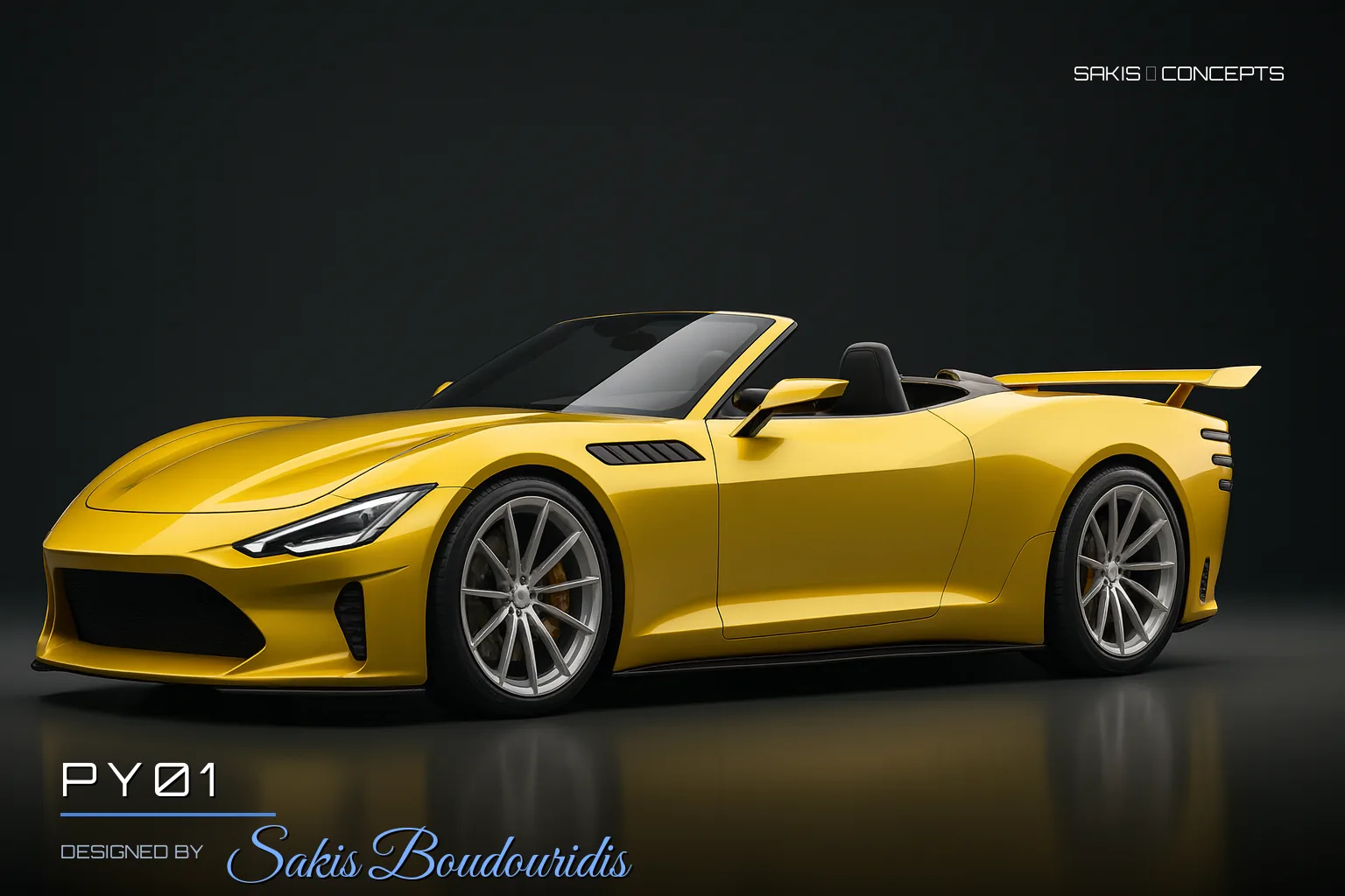 PY01 Open-top concept roadster in pearl yellow — 3/4 Front view, photorealistic concept render by Sakis Boudouridis