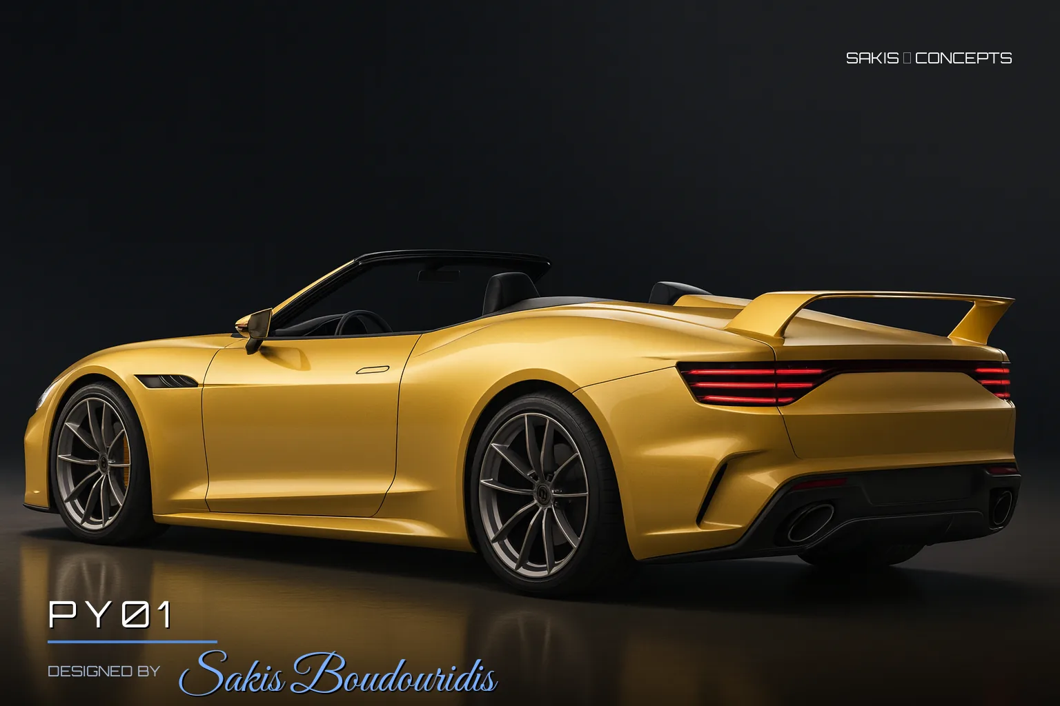 PY01 Open-top concept roadster in pearl yellow — 3/4 Rear view, photorealistic concept render by Sakis Boudouridis