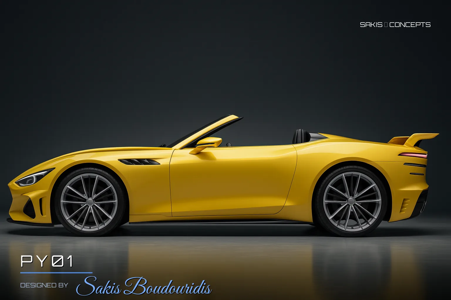 PY01 Open-top concept roadster in pearl yellow — Side view, photorealistic concept render by Sakis Boudouridis