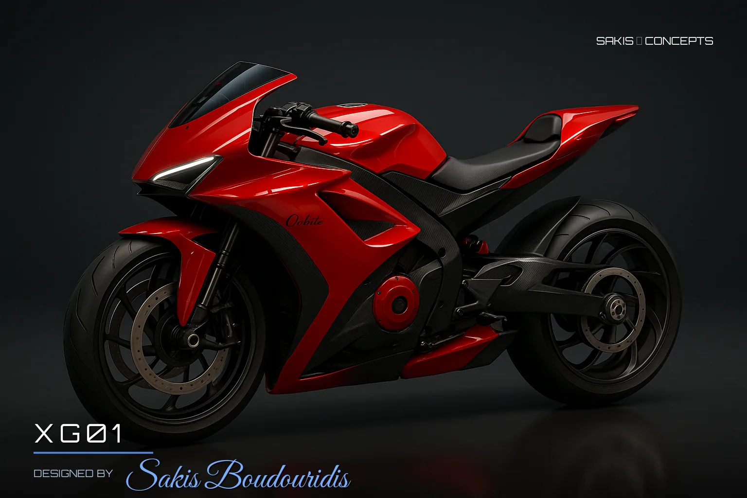XG01 Aerodynamic concept superbike in racing red — 3/4 Front view, photorealistic concept render by Sakis Boudouridis
