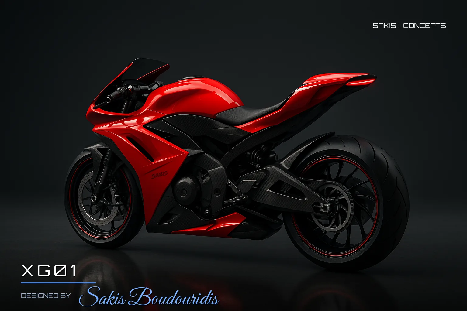 XG01 Aerodynamic concept superbike in racing red — 3/4 Rear view, photorealistic concept render by Sakis Boudouridis