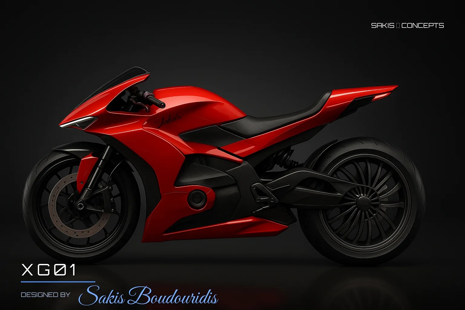 XG01 Aerodynamic concept superbike in racing red — Side view, photorealistic concept render by Sakis Boudouridis