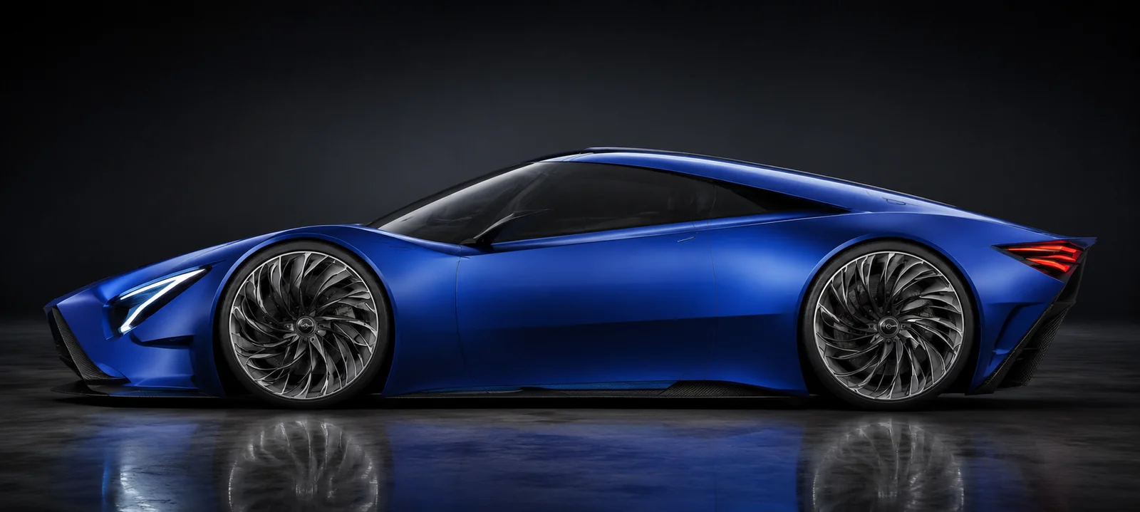 Photorealistic studio render of a blue concept supercar by SAKIS·CONCEPTS